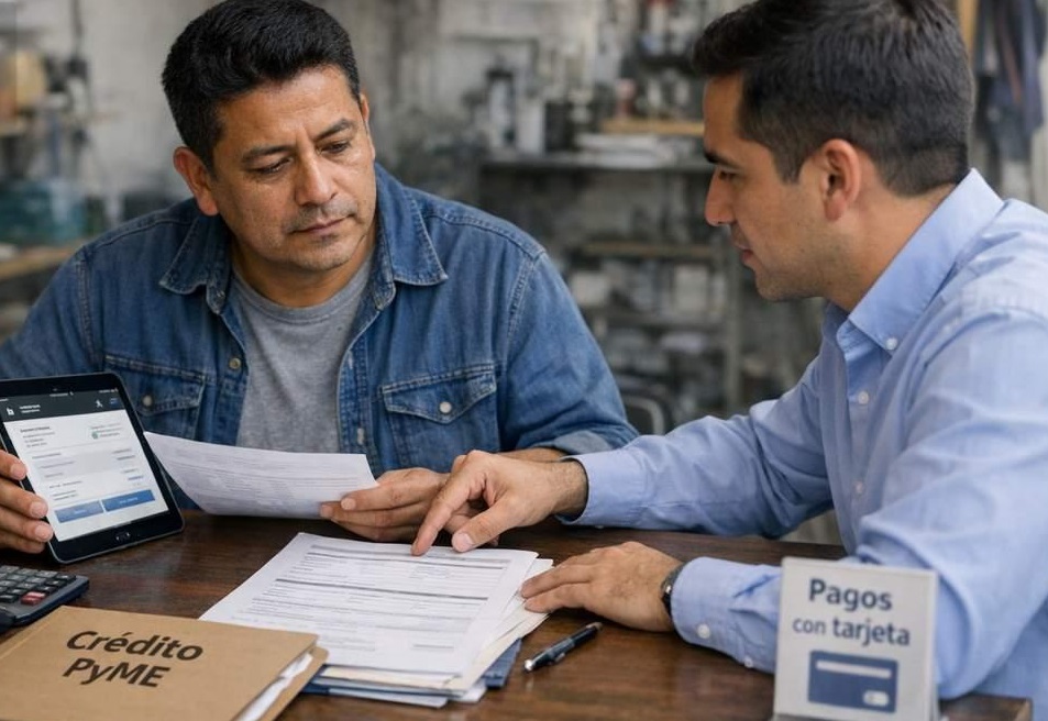 Asesor explicando las condiciones de crédito adaptadas al negocio del cliente